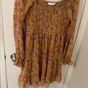 Lush Long Sleeve Dress in Mustard with Pink Floral